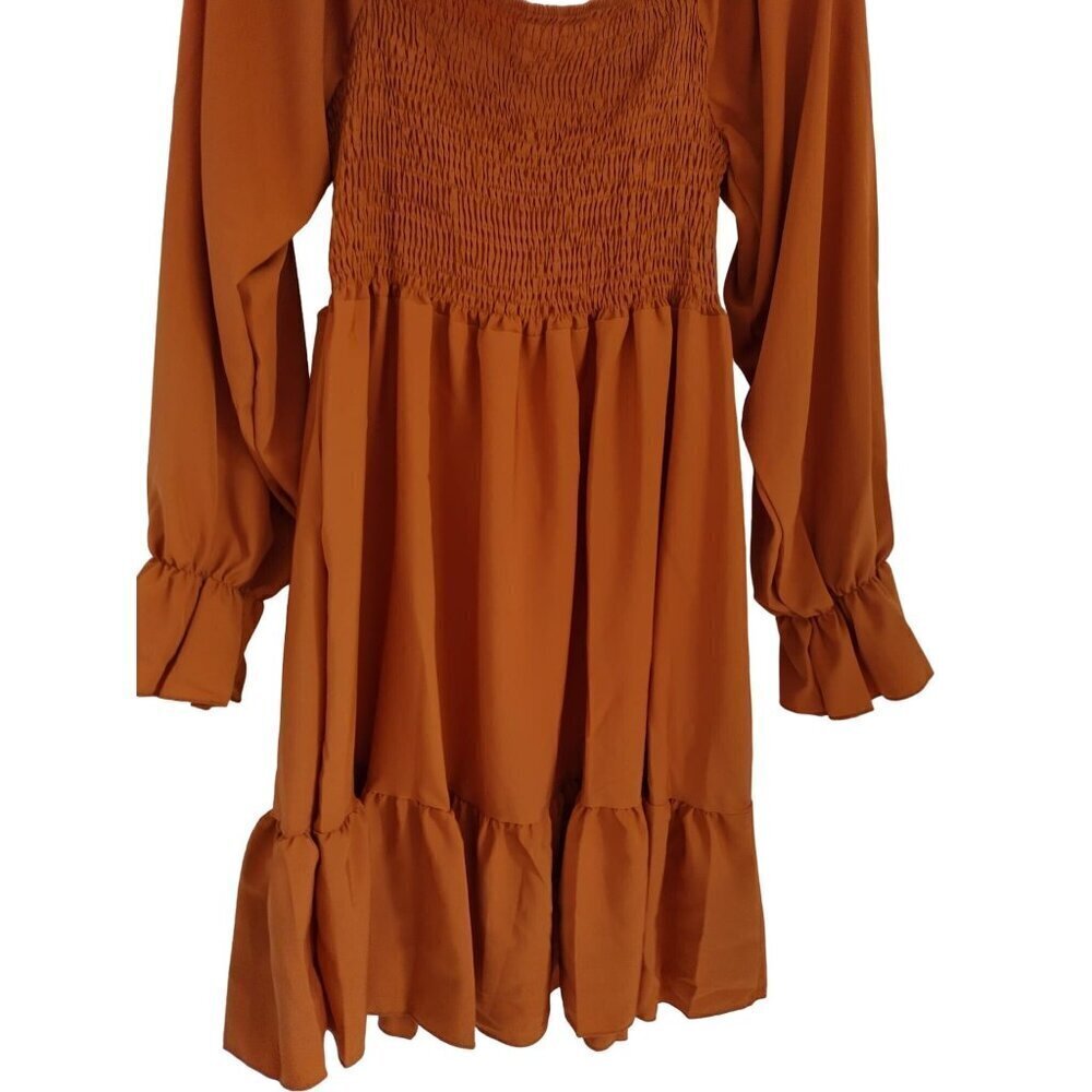 Long sleeve ruched dress in rust orange with ruffled hem, polyester. Size L NWT - Picture 7 of 10